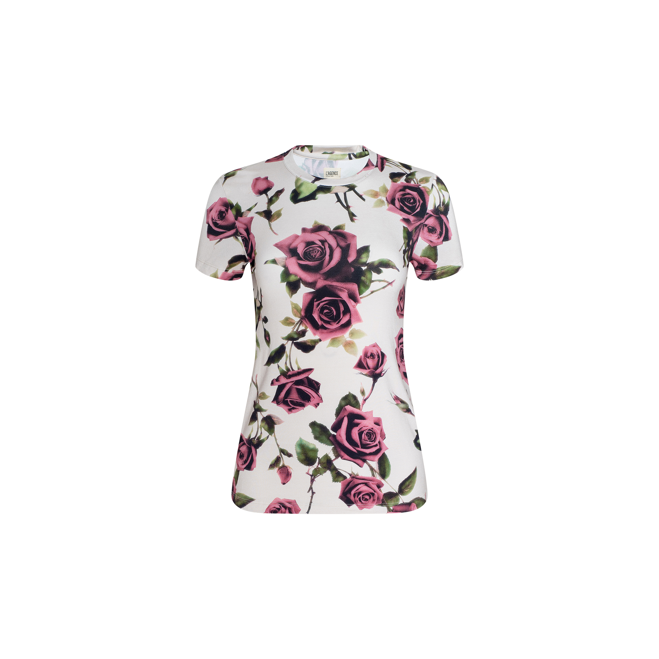 The Ressi Fitted Tee is a white short-sleeve T-shirt featuring a pink rose floral print with green leaves scattered across the fabric, crafted from stretch jersey knit for a comfortable fit.