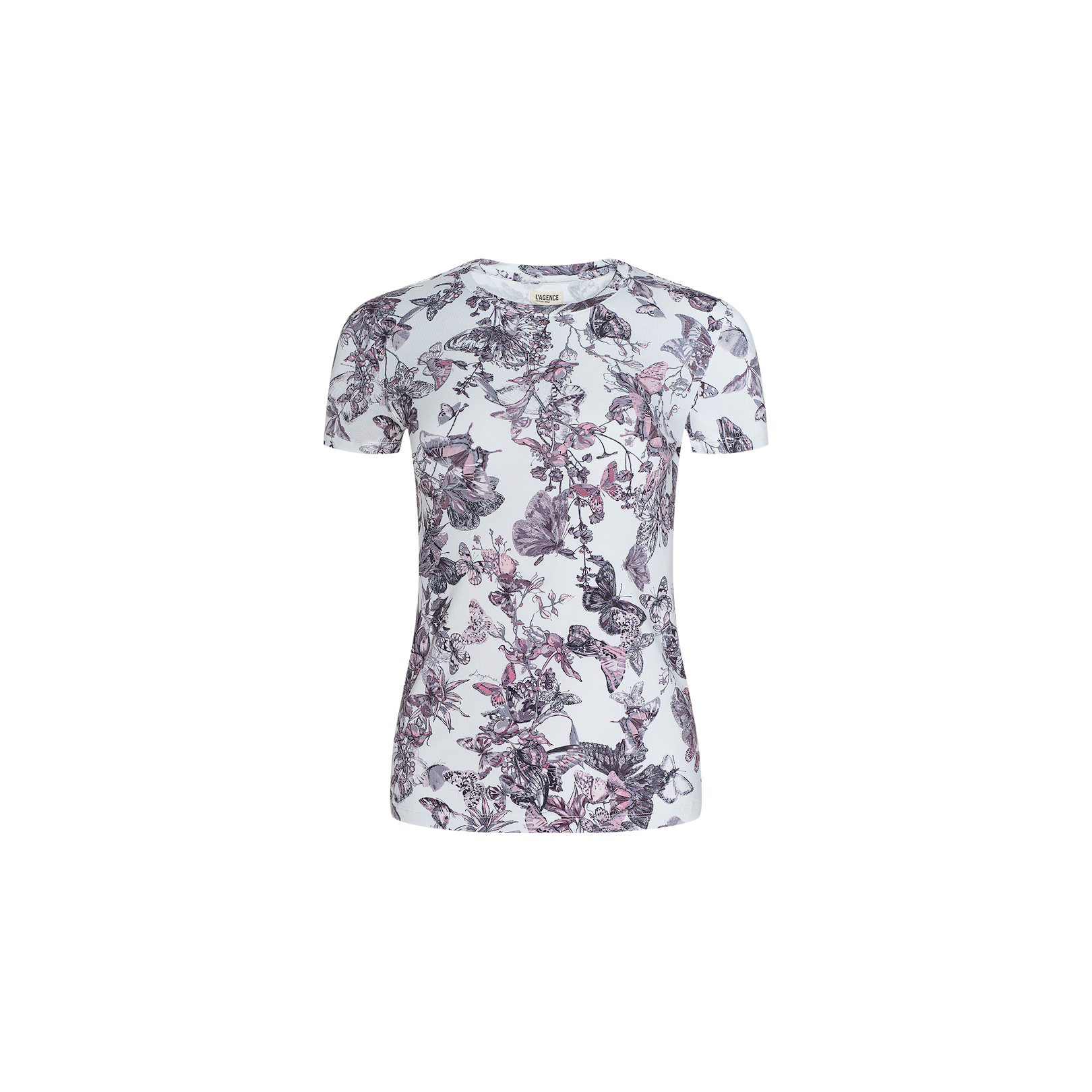 Ressi Fitted Tee in white, crafted from soft stretch jersey knit with a bestselling butterfly print accented by purple and black florals, showcased on a plain white background.