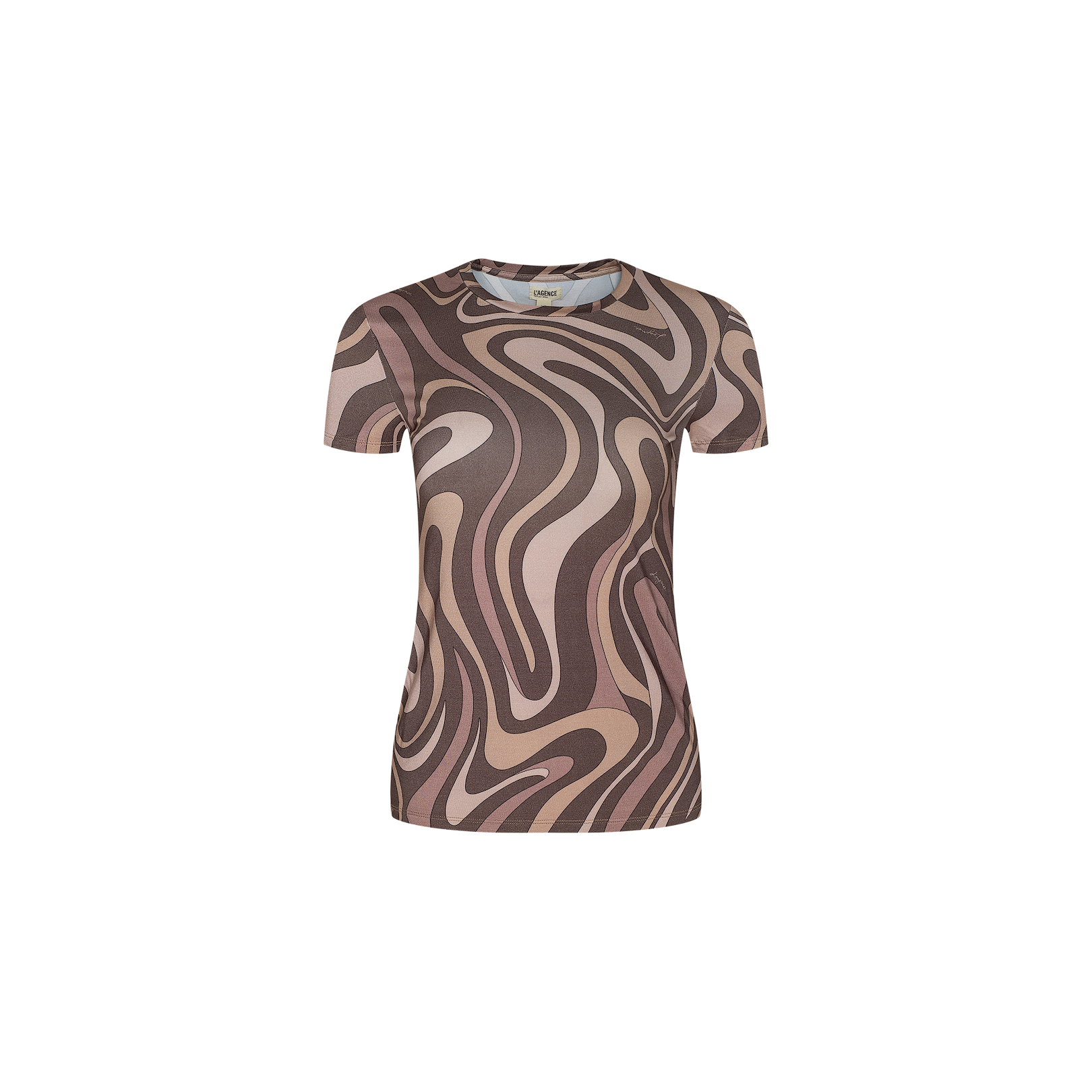 Ressi Fitted Tee: A bestselling short-sleeve top featuring an abstract swirl print in shades of brown, beige, and taupe, made from soft stretch jersey knit and showcased on a plain white background.