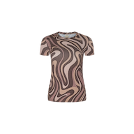 The Ressi Fitted Tee is a short-sleeved, fitted t-shirt made from stretch jersey knit, showcasing a brown, beige, and pink abstract swirl print on a white background.