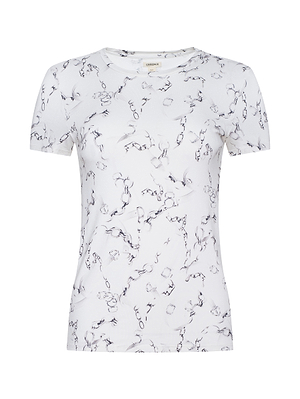 The Ressi Fitted Tee is a white, slim-cut crew-neck with short sleeves and an all-over black and grey abstract print. Made from stretch jersey knit, this bestselling tee is shown on a plain white background.