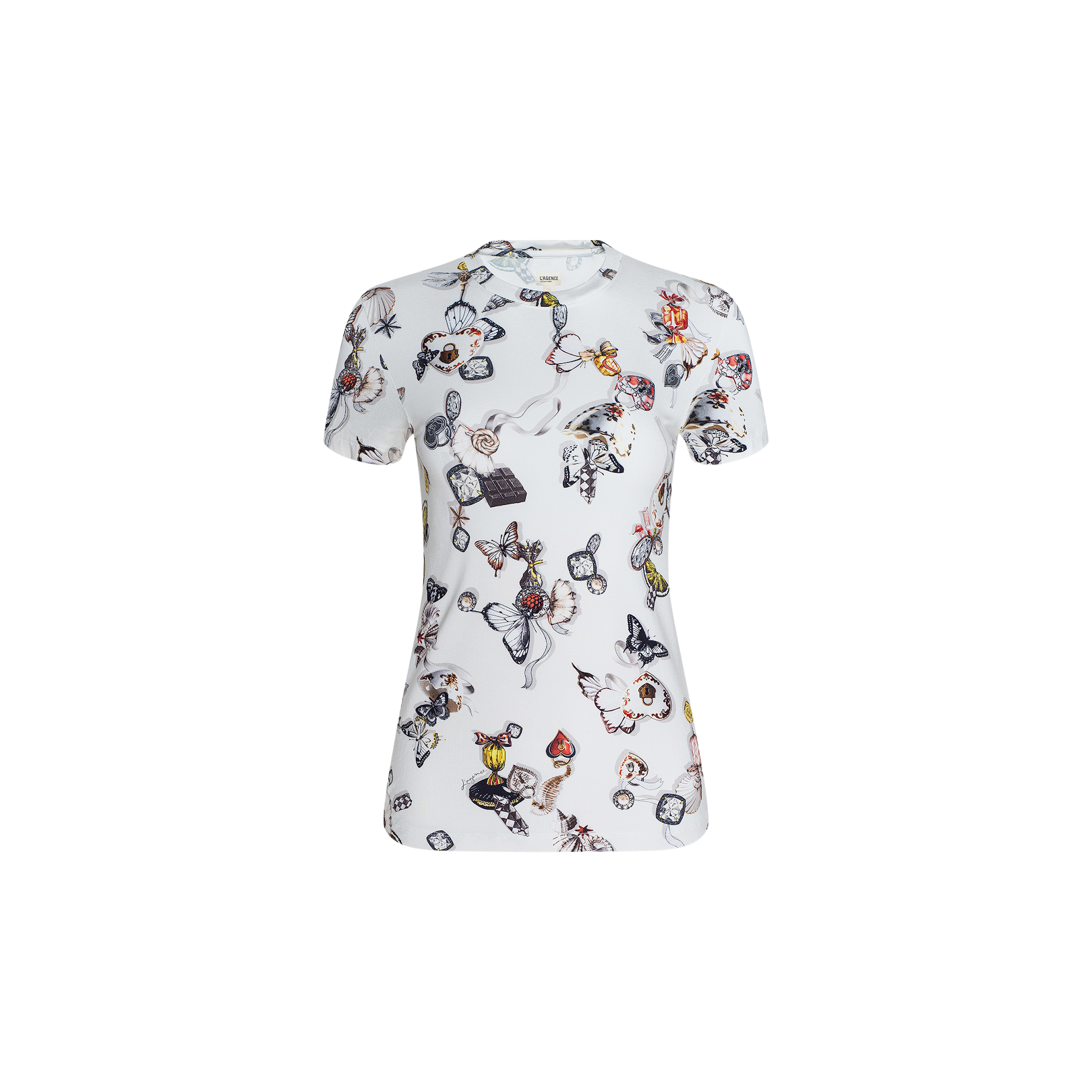 The Ressi Fitted Tee is a bestselling white short-sleeve t-shirt, crafted from stretch jersey knit for comfort. It features a slim, modern cut and is adorned with a playful, colorful cartoon-style print of whimsical characters and objects scattered across the fabric.
