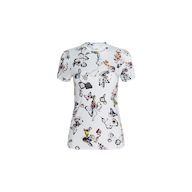 Ressi Fitted Tee: A white short-sleeve t-shirt featuring a colorful, whimsical all-over print of various cartoon-like animals and objects. Crafted from stretch jersey knit for comfort, this bestselling tee has a slim fit and is displayed on a plain white background.