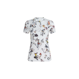 The Ressi Fitted Tee is a bestselling white short-sleeve t-shirt, crafted from stretch jersey knit for comfort. It features a slim, modern cut and is adorned with a playful, colorful cartoon-style print of whimsical characters and objects scattered across the fabric.
