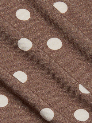 Brown stretch jersey knit with white polka dots and diagonal folds—ideal for the Ressi Fitted Tee or other slim cut styles.