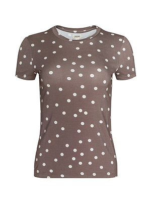 The Ressi Fitted Tee is a brown stretch jersey knit t-shirt with short sleeves, a round neckline, and an allover white polka dot pattern.
