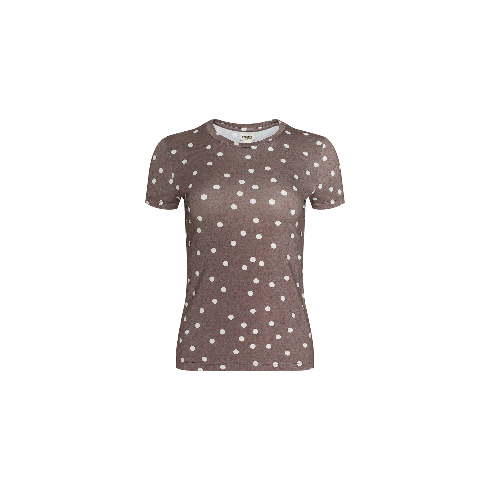 Ressi Fitted Tee in brown, featuring short sleeves and a classic crew neckline, crafted from comfortable stretch jersey knit and adorned with an all-over white polka dot pattern, displayed against a plain white background.