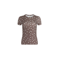 Ressi Fitted Tee – a brown, short-sleeve crew neck t-shirt featuring an all-over white polka dot pattern, crafted from soft stretch jersey knit for a slim cut fit.