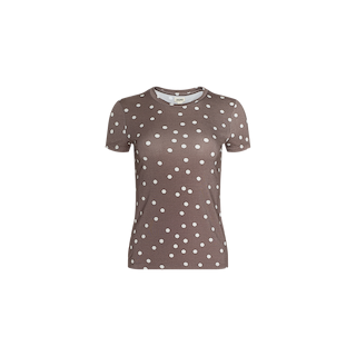 Ressi Fitted Tee in brown, featuring short sleeves and a classic crew neckline, crafted from comfortable stretch jersey knit and adorned with an all-over white polka dot pattern, displayed against a plain white background.