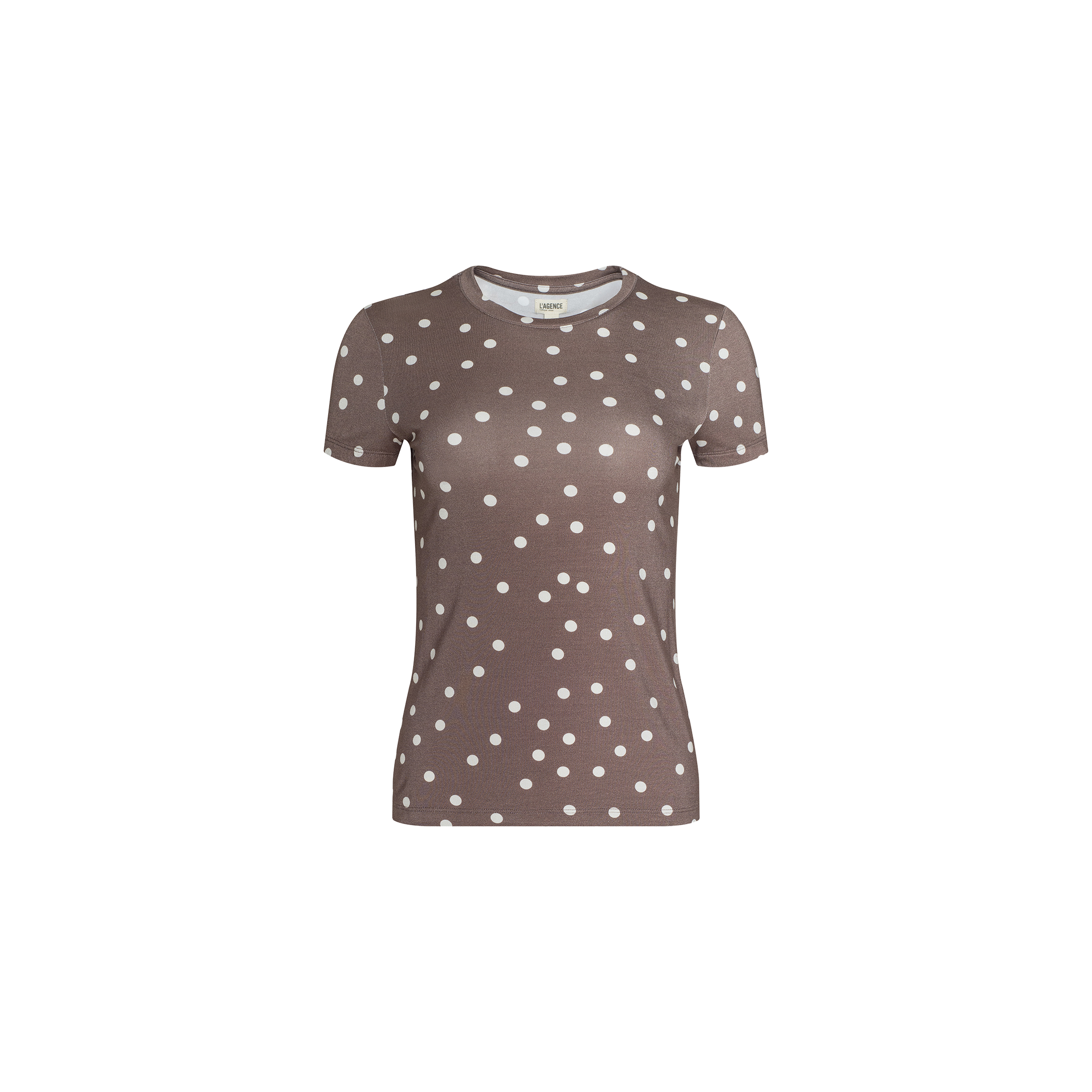 Ressi Fitted Tee – a brown, short-sleeve crew neck t-shirt featuring an all-over white polka dot pattern, crafted from soft stretch jersey knit for a slim cut fit.