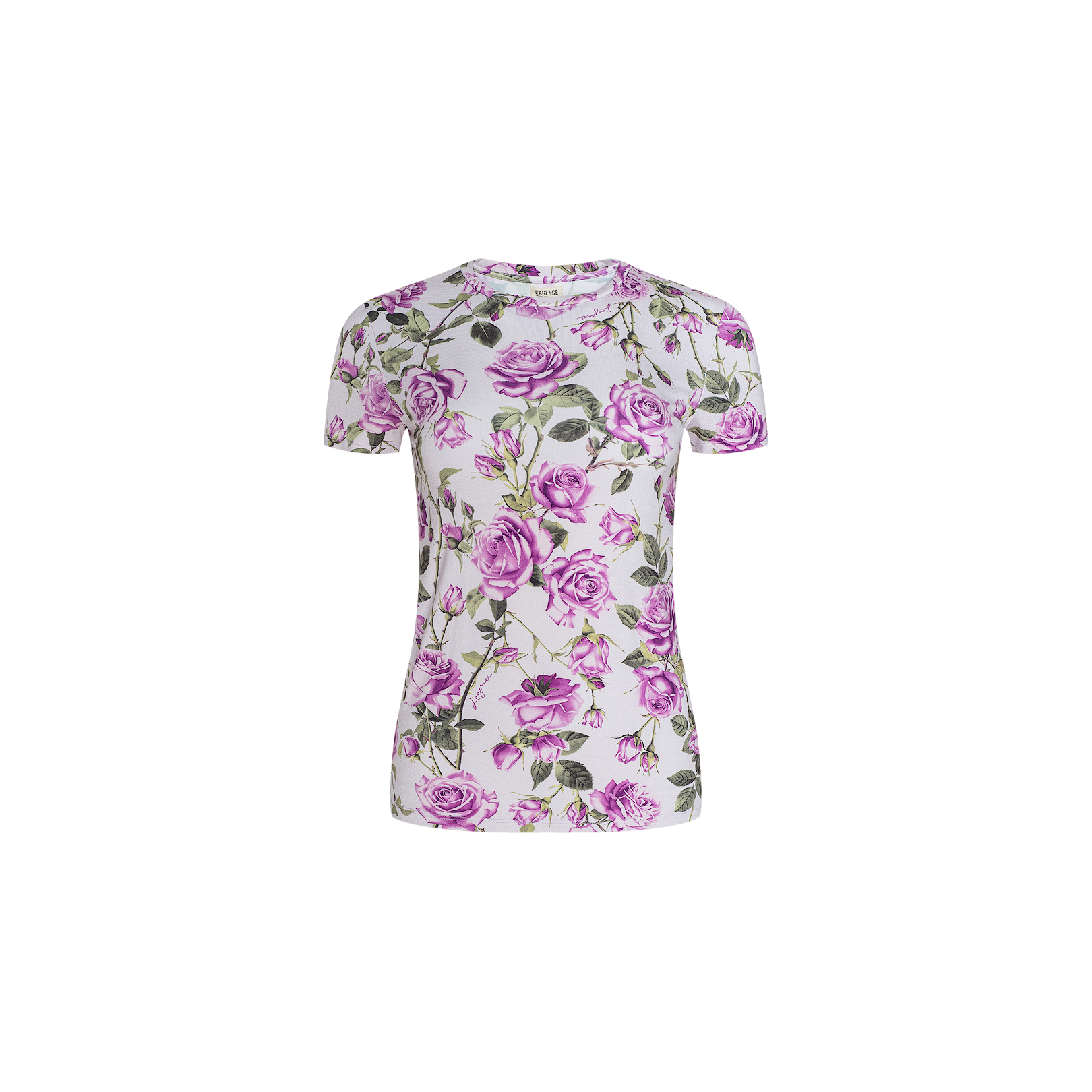 The Ressi Fitted Tee is a short-sleeved, slim-cut white T-shirt adorned with an all-over print of purple roses with green stems and leaves. Crafted from comfortable stretch jersey knit, this bestselling tee is showcased on a plain white background.