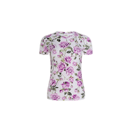 The Ressi Fitted Tee is a short-sleeved, slim-cut white T-shirt adorned with an all-over print of purple roses with green stems and leaves. Crafted from comfortable stretch jersey knit, this bestselling tee is showcased on a plain white background.