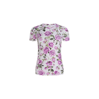 The Ressi Fitted Tee is a short-sleeved, slim-cut white T-shirt adorned with an all-over print of purple roses with green stems and leaves. Crafted from comfortable stretch jersey knit, this bestselling tee is showcased on a plain white background.
