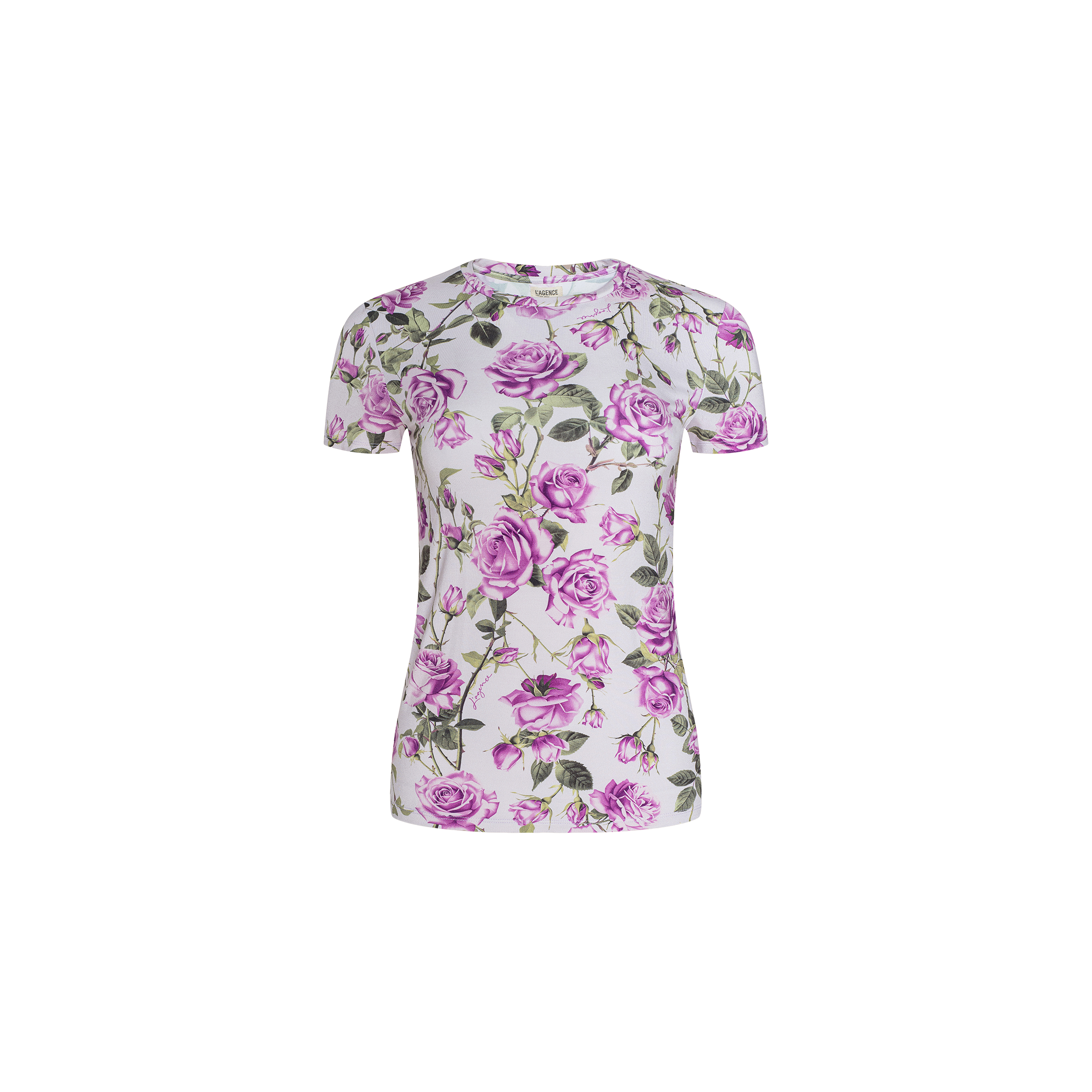 The Ressi Fitted Tee is a short-sleeved, slim-cut white T-shirt adorned with an all-over print of purple roses with green stems and leaves. Crafted from comfortable stretch jersey knit, this bestselling tee is showcased on a plain white background.