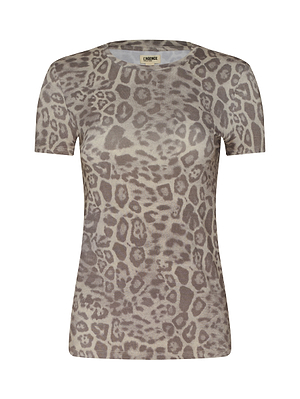 The bestselling Ressi Fitted Tee is a women's short-sleeve, stretch jersey knit shirt with a gray leopard print and round neckline, shown on a plain white background.