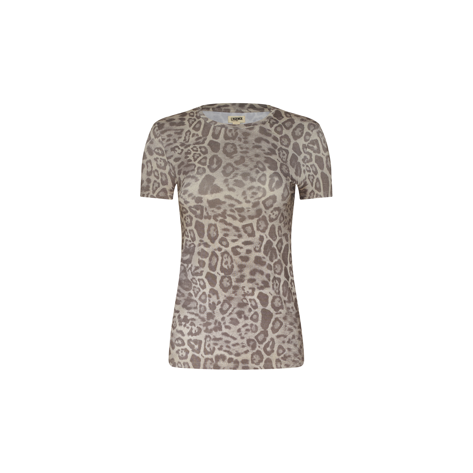 Ressi Fitted Tee: A short-sleeve, fitted shirt made from soft stretch jersey knit and adorned with a brown and beige leopard print, reminiscent of our bestselling tee. Displayed on a plain white background.