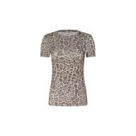 Ressi Fitted Tee—this bestselling short-sleeve top is crafted from stretch jersey knit and showcases a beige and brown leopard print on a plain white background. Designed for a fitted silhouette, it blends comfort and style for effortless everyday wear.