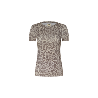 Ressi Fitted Tee: A short-sleeve, fitted shirt made from soft stretch jersey knit and adorned with a brown and beige leopard print, reminiscent of our bestselling tee. Displayed on a plain white background.
