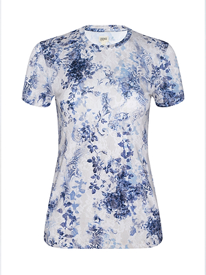 The Ressi Fitted Tee is a short-sleeve womens T-shirt featuring a blue and white floral paisley print and a slim fit, shown on a white background.