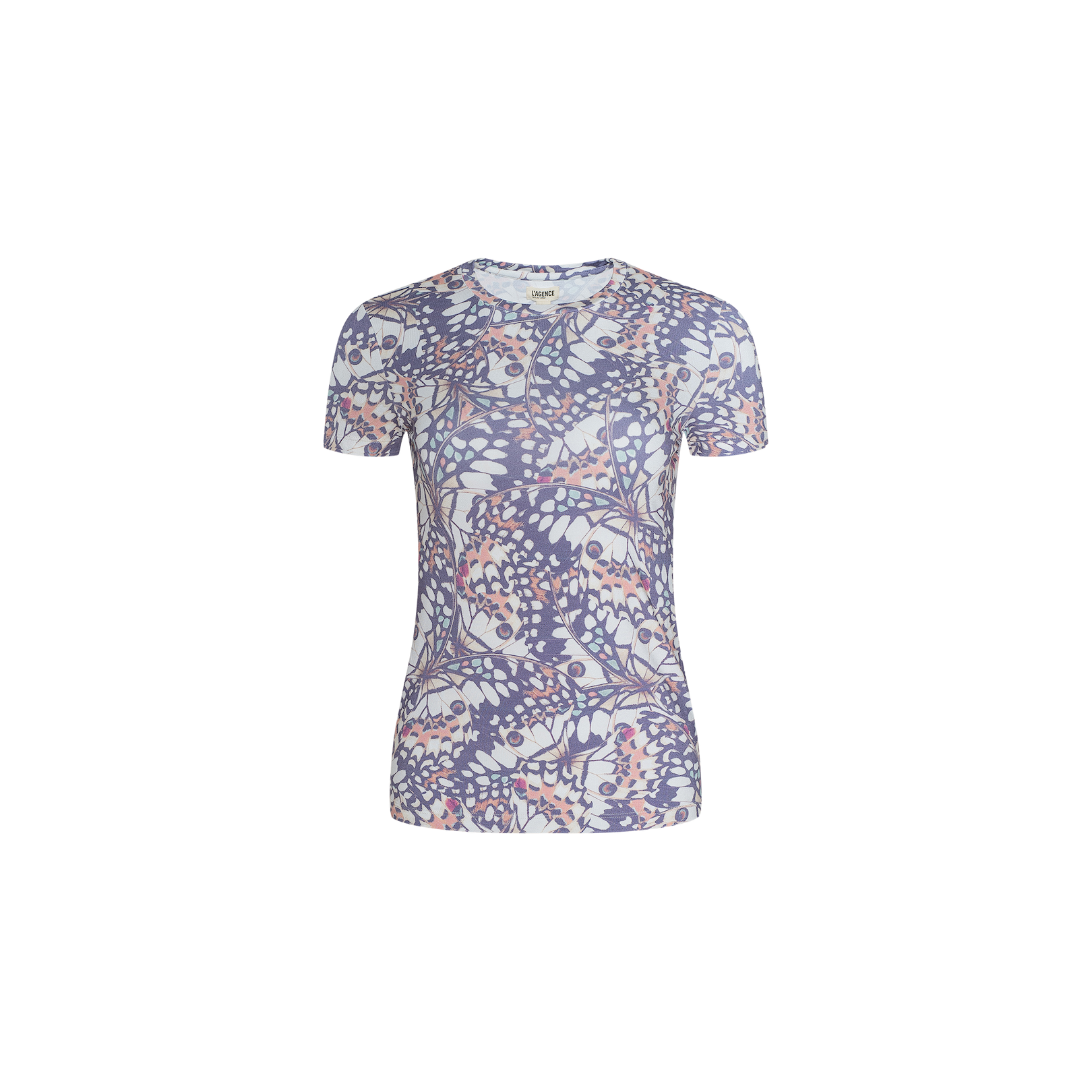 The Ressi Fitted Tee features short sleeves and a slim cut silhouette, crafted from soft stretch jersey knit for all-day comfort. Showcasing a bestselling pastel floral and abstract print in shades of purple, pink, and white, this tee is displayed on a plain white background—perfect for effortless everyday style.