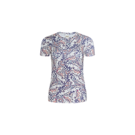 The Ressi Fitted Tee is a short-sleeved t-shirt showcasing an abstract floral pattern with blue, white, and pink butterfly wing prints on a plain white background.