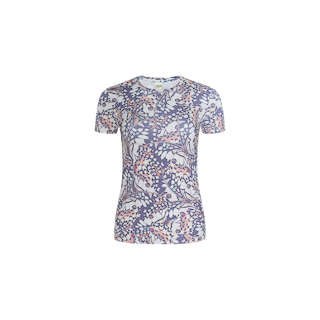 The Ressi Fitted Tee features short sleeves and a slim cut silhouette, crafted from soft stretch jersey knit for all-day comfort. Showcasing a bestselling pastel floral and abstract print in shades of purple, pink, and white, this tee is displayed on a plain white background—perfect for effortless everyday style.