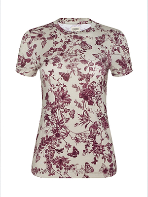 The Ressi Fitted Tee is a slim-cut, short-sleeve beige top with an all-over burgundy butterfly toile print, round neckline, and a sleek design free of buttons or pockets.