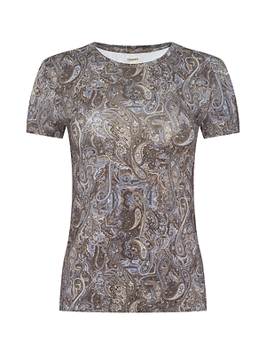 The Ressi Fitted Tee is a slim-cut, short-sleeved t-shirt with a brown and blue paisley print, shown on a plain white background.