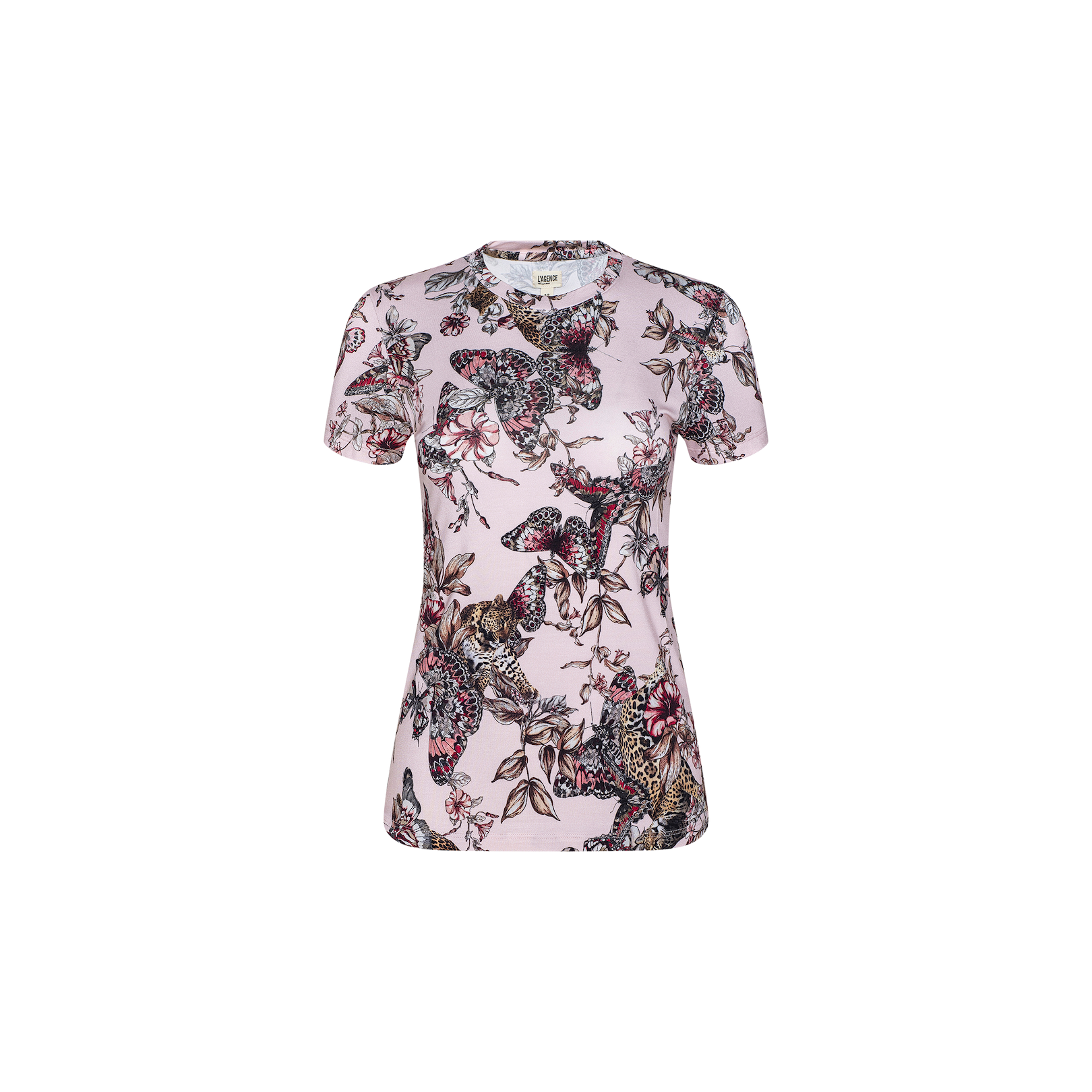 The Ressi Fitted Tee is a bestselling, short-sleeved top in light pink, crafted from soft stretch jersey knit and adorned with an all-over butterfly jungle print featuring floral accents in black, red, and tan. It is displayed on a plain white background.