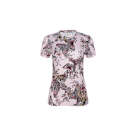 The Ressi Fitted Tee is a bestselling short-sleeve top crafted from stretch jersey knit in light pink, featuring a detailed butterfly jungle print with black, red, and beige accents on a plain white background.