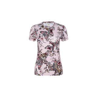 The Ressi Fitted Tee is a bestselling, short-sleeved top in light pink, crafted from soft stretch jersey knit and adorned with an all-over butterfly jungle print featuring floral accents in black, red, and tan. It is displayed on a plain white background.