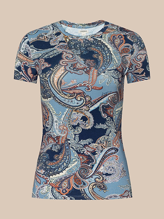 Introducing the Ressi Fitted Tee: a slim fit short sleeve T-shirt featuring an intricate midnight blue paisley pattern accented with orange and white on a light beige background. This modern silhouette offers stylish detail, perfect for elevating your look.
