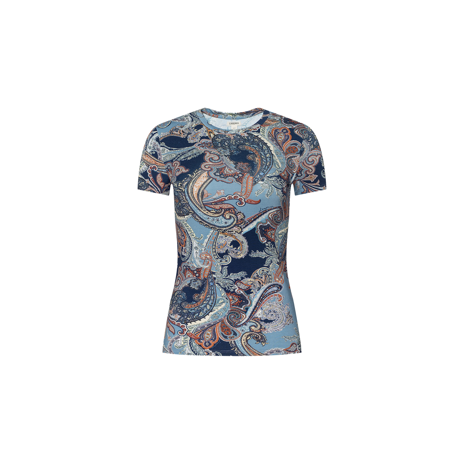 Ressi Fitted Tee—a short-sleeved women’s T-shirt featuring a midnight blue paisley pattern—is displayed on a plain white background.