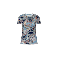 Introducing the Ressi Fitted Tee—a slim fit short sleeve crafted from soft fabric, showcasing an intricate midnight blue paisley pattern in navy, beige, and peach hues, beautifully displayed against a plain white background.