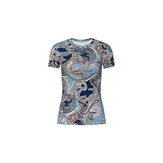 Ressi Fitted Tee—a short-sleeved women’s T-shirt featuring a midnight blue paisley pattern—is displayed on a plain white background.