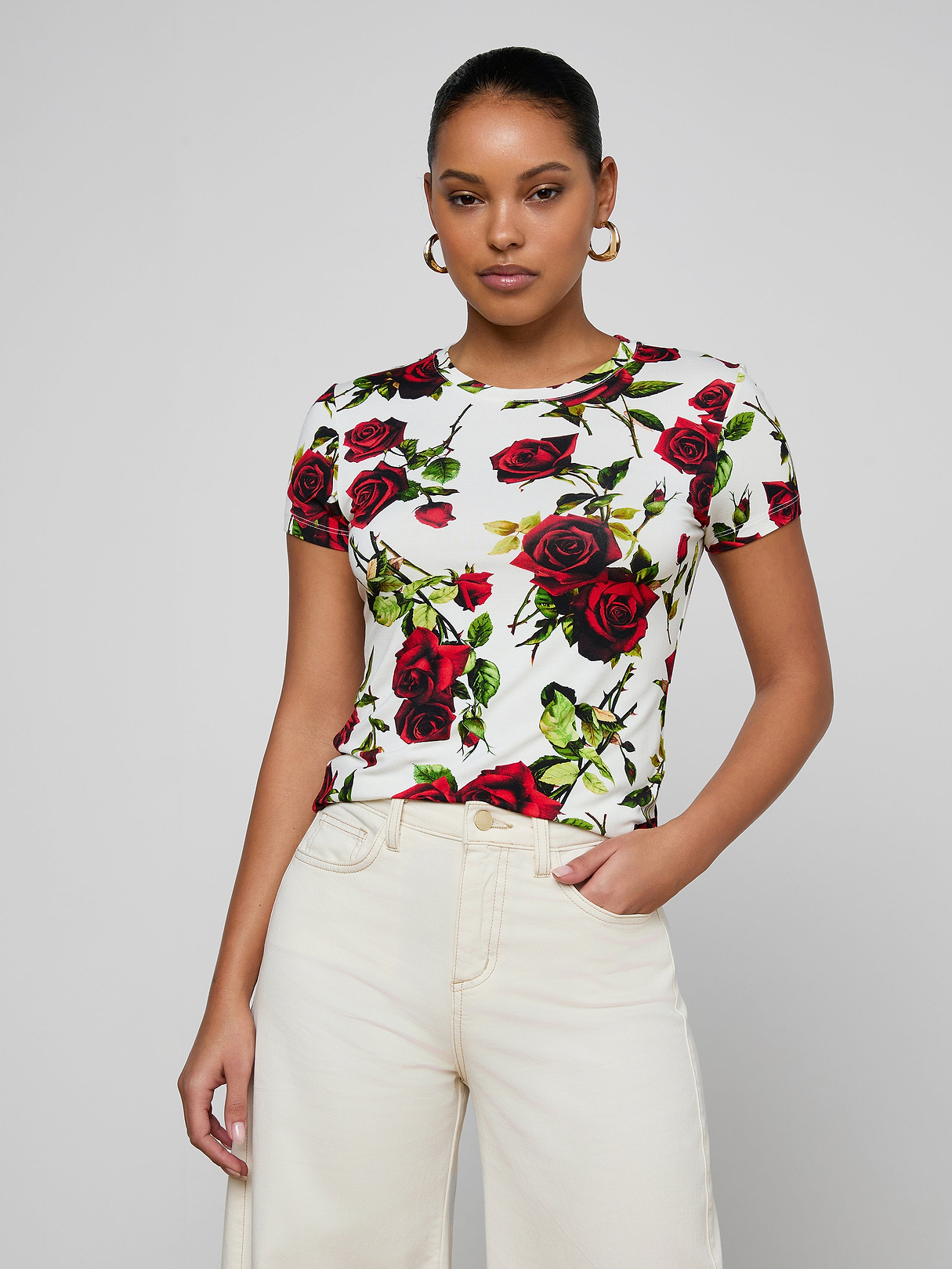 Ressi Fitted Tee in White/Red Romantic Rose | L'AGENCE