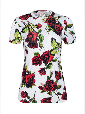 A bestseller, the Ressi Fitted Tee is a white, short-sleeved stretch jersey knit T-shirt featuring an allover print of red roses with green leaves and stems.