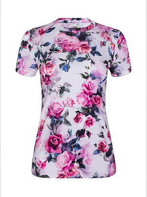 The Ressi Fitted Tee is a short-sleeved women’s bestseller with a round neck, featuring a vibrant pink rose and purple floral print on soft white stretch jersey knit.