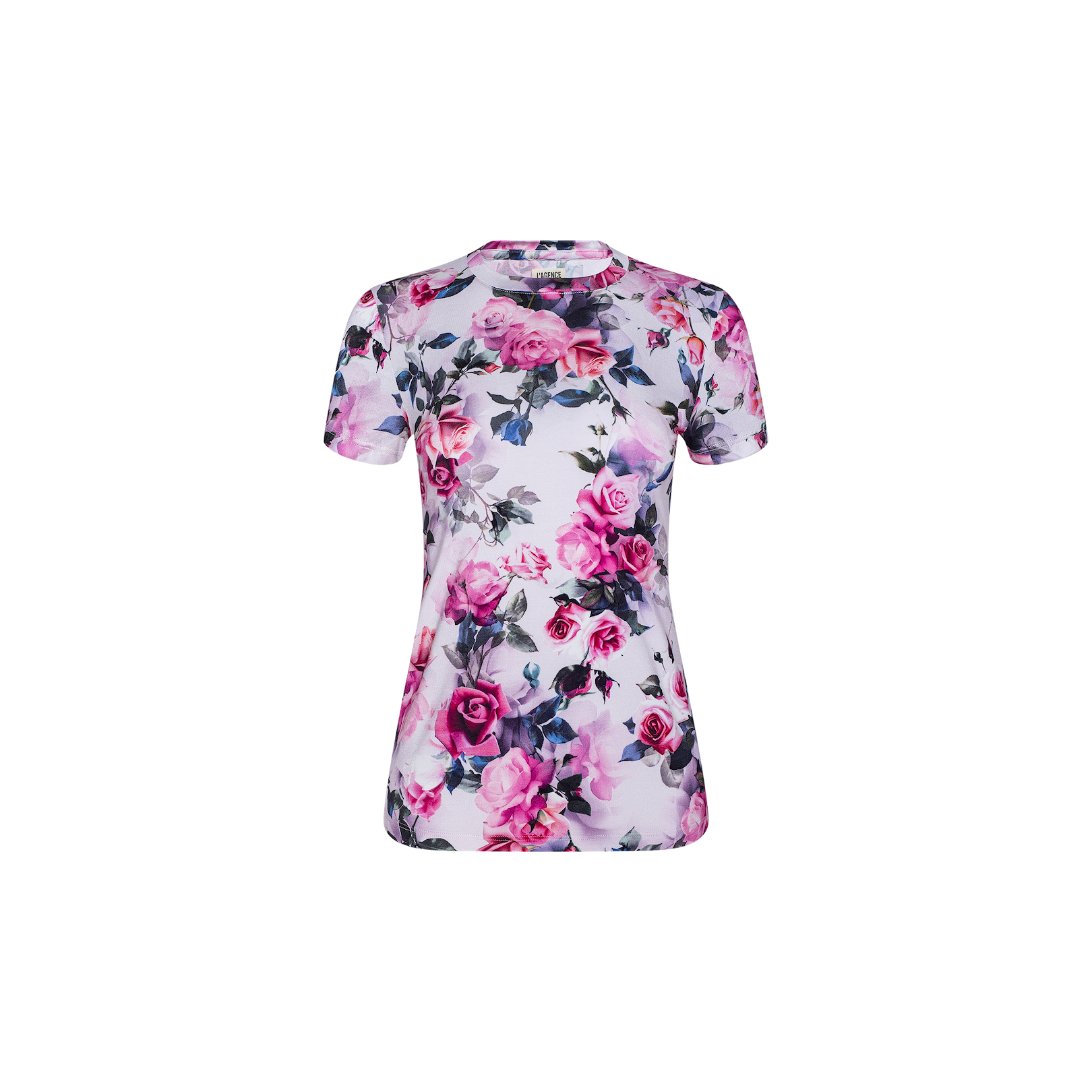 Meet the Ressi Fitted Tee: a short-sleeve white t-shirt showcasing a vibrant pink and purple rose floral print on the front. Crafted from stretch jersey knit, this bestselling tee offers a flattering slim fit for comfortable, everyday style.