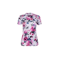 Meet the Ressi Fitted Tee: a short-sleeve white t-shirt showcasing a vibrant pink and purple rose floral print on the front. Crafted from stretch jersey knit, this bestselling tee offers a flattering slim fit for comfortable, everyday style.
