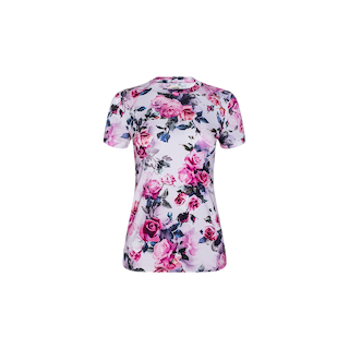 Meet the Ressi Fitted Tee: a short-sleeve white t-shirt showcasing a vibrant pink and purple rose floral print on the front. Crafted from stretch jersey knit, this bestselling tee offers a flattering slim fit for comfortable, everyday style.