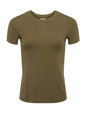 The L'AGENCE Ressi Micro-Rib Tee is an olive green, short-sleeve crew neck T-shirt in ultra-soft jersey. Its fitted, logo-free design is shown on a plain white background.