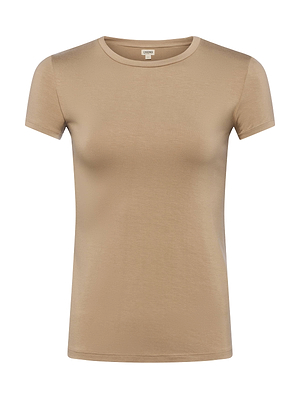 The Ressi Fitted Tee by L'AGENCE is a plain, short-sleeve crew neck in light brown/beige, shown on a white background. This ultra soft jersey top offers a simple, comfortable design and a flattering fit.