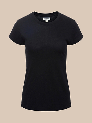 The Ressi Fitted Tee, a luxe microfiber black crew neck with short sleeves and a form-fitting silhouette, shown on a beige background.