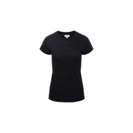 The Ressi Fitted Tee is a luxe microfiber, form-fitting crew neck t-shirt for women in plain black, shown against a white background.