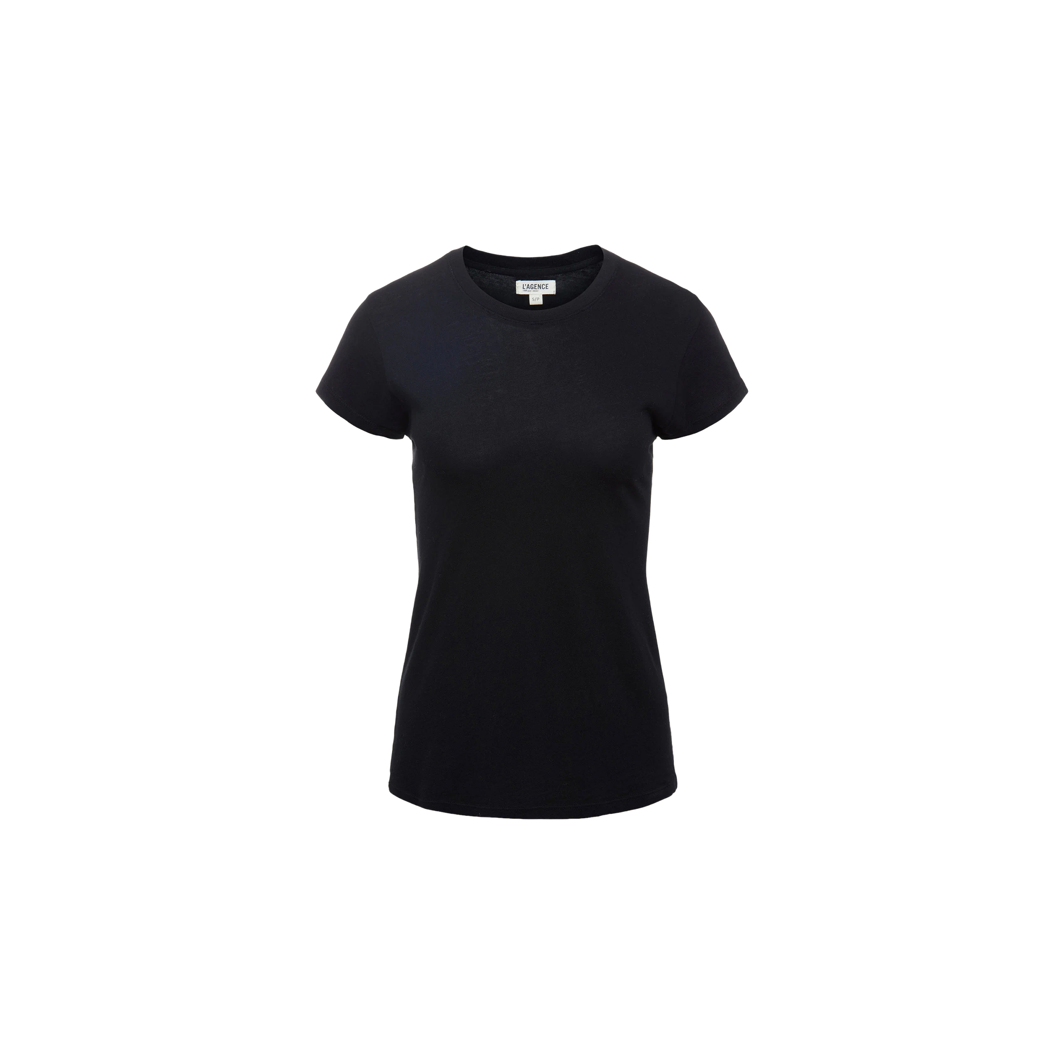 The Ressi Fitted Tee is a luxe microfiber, form-fitting crew neck t-shirt for women in plain black, shown against a white background.