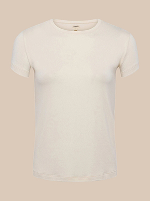 The Ressi Fitted Tee, a slim fit short sleeve t-shirt in light beige, is made from soft microfiber modal jersey and features a classic crew neckline with no visible patterns or logos, displayed on a neutral background.