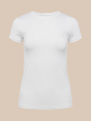 The Ressi Fitted Tee, shown front-facing on a beige backdrop, features a classic crew neckline, luxe microfiber fabric, and a form-fitting silhouette.