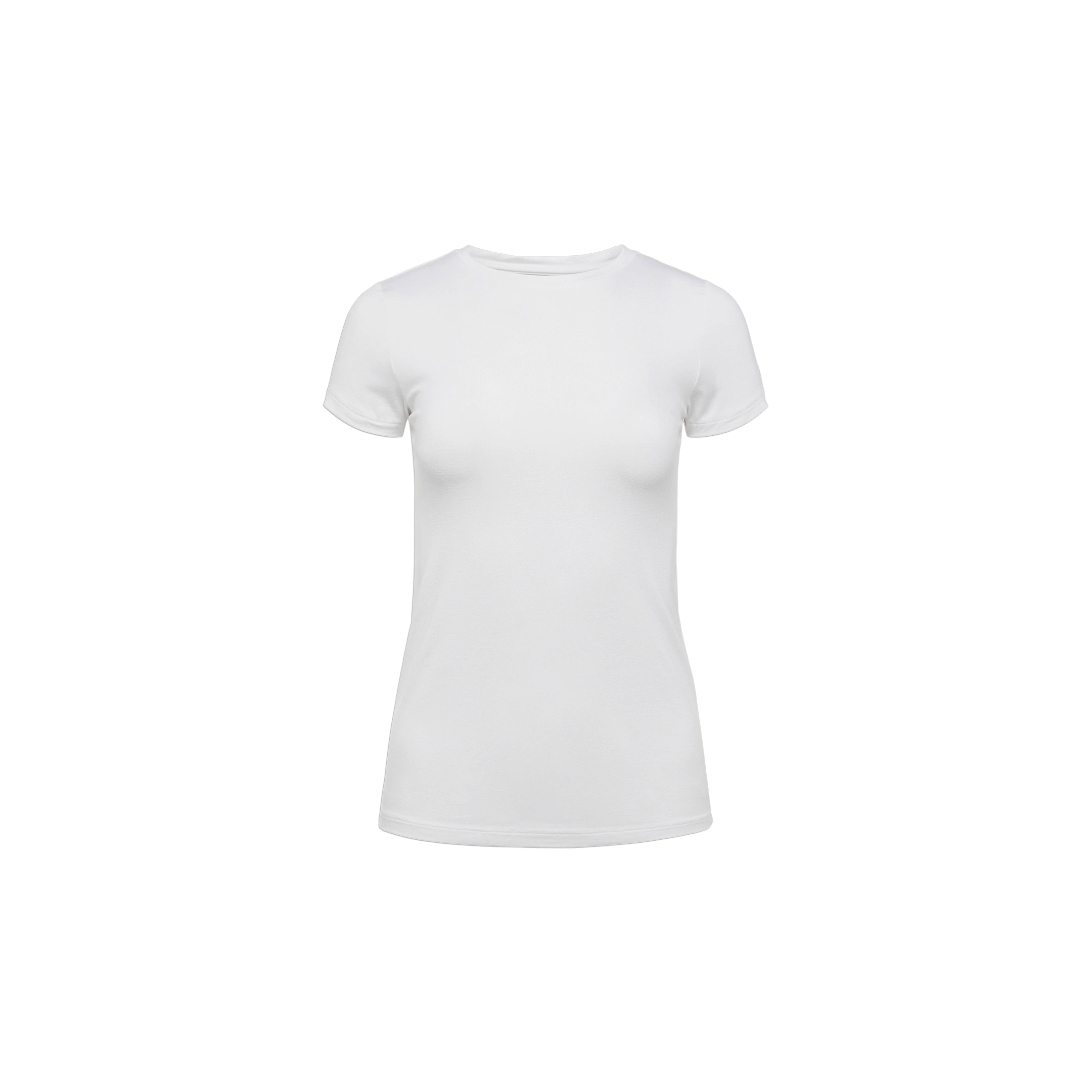 Ressi Fitted Tee in plain white microfiber, featuring a form-fitting crew neck silhouette, photographed from the front against a plain white background with no visible logos or designs.