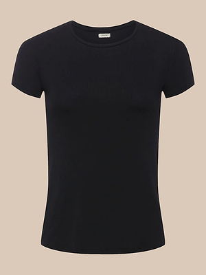 The Ressi Micro-Rib Tee is a slim-fit, short-sleeve black crew-neck top crafted from soft microfiber rib fabric, shown on a beige background.